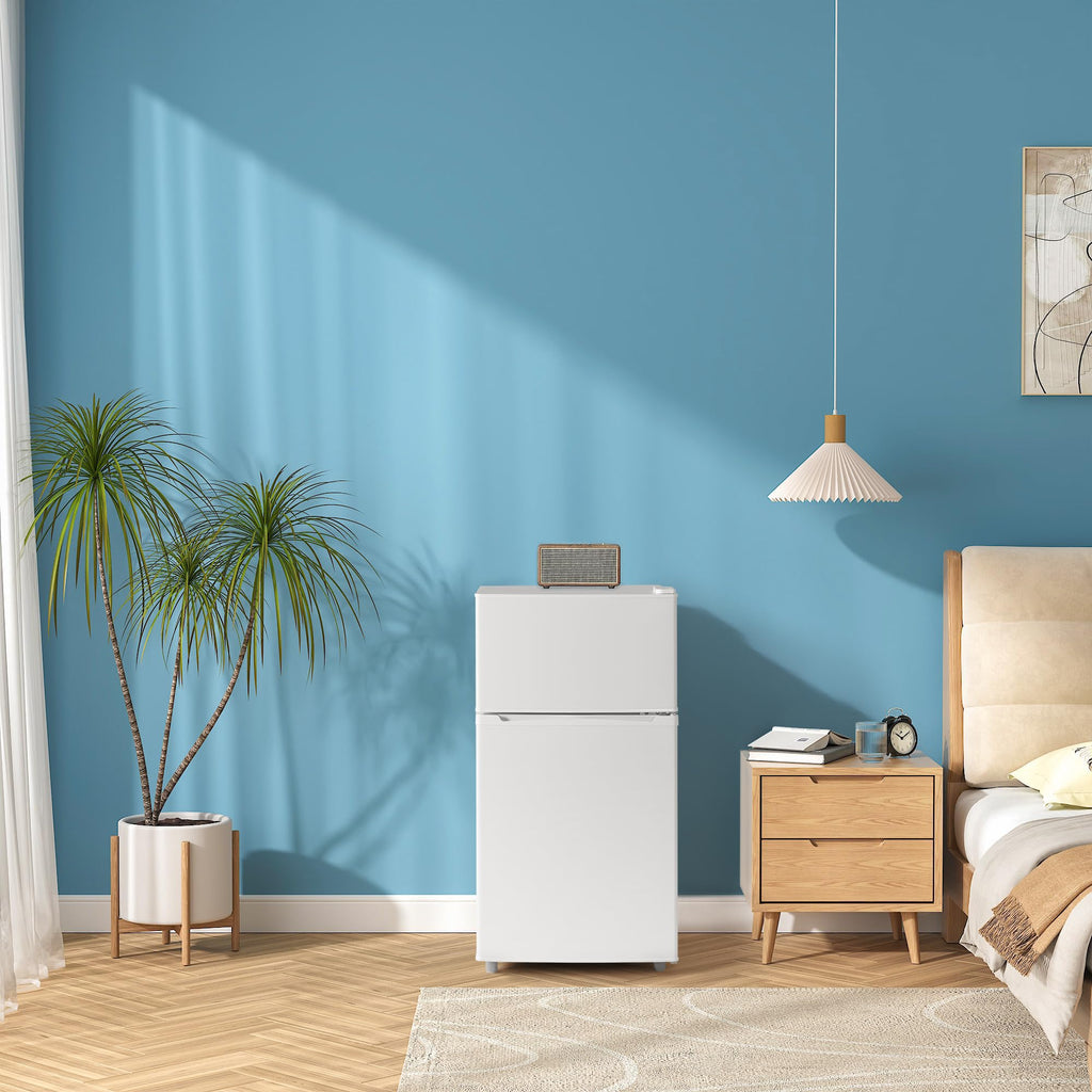 Double Door Refrigerator with Freezer, 3.5 Cu.Ft, Small Fridge with Freezer, 7 Settings Temperature Adjustable, Mini Refrigerator for Office Dorm