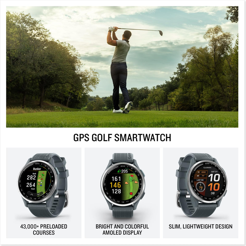 Garmin Approach® S44, Essential Golf GPS Smartwatch, AMOLED Display, On-Course Features, Silver Aluminum Bezel with Black Silicone Band