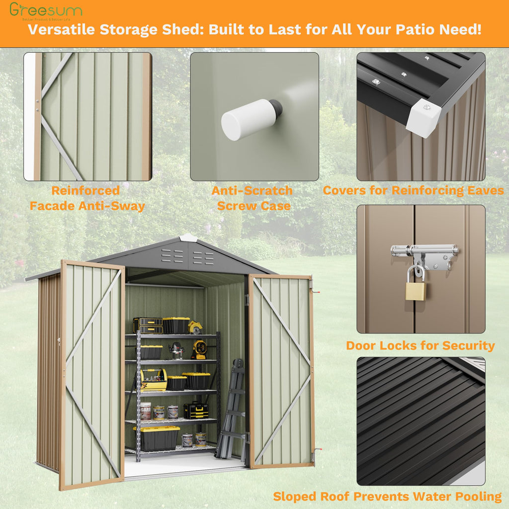 Greesum Outdoor Storage Shed 6 x 8 ft. Utility Tool Shed Metal Storage Garden Shed with Door & Lock for Patio Storage, Brown