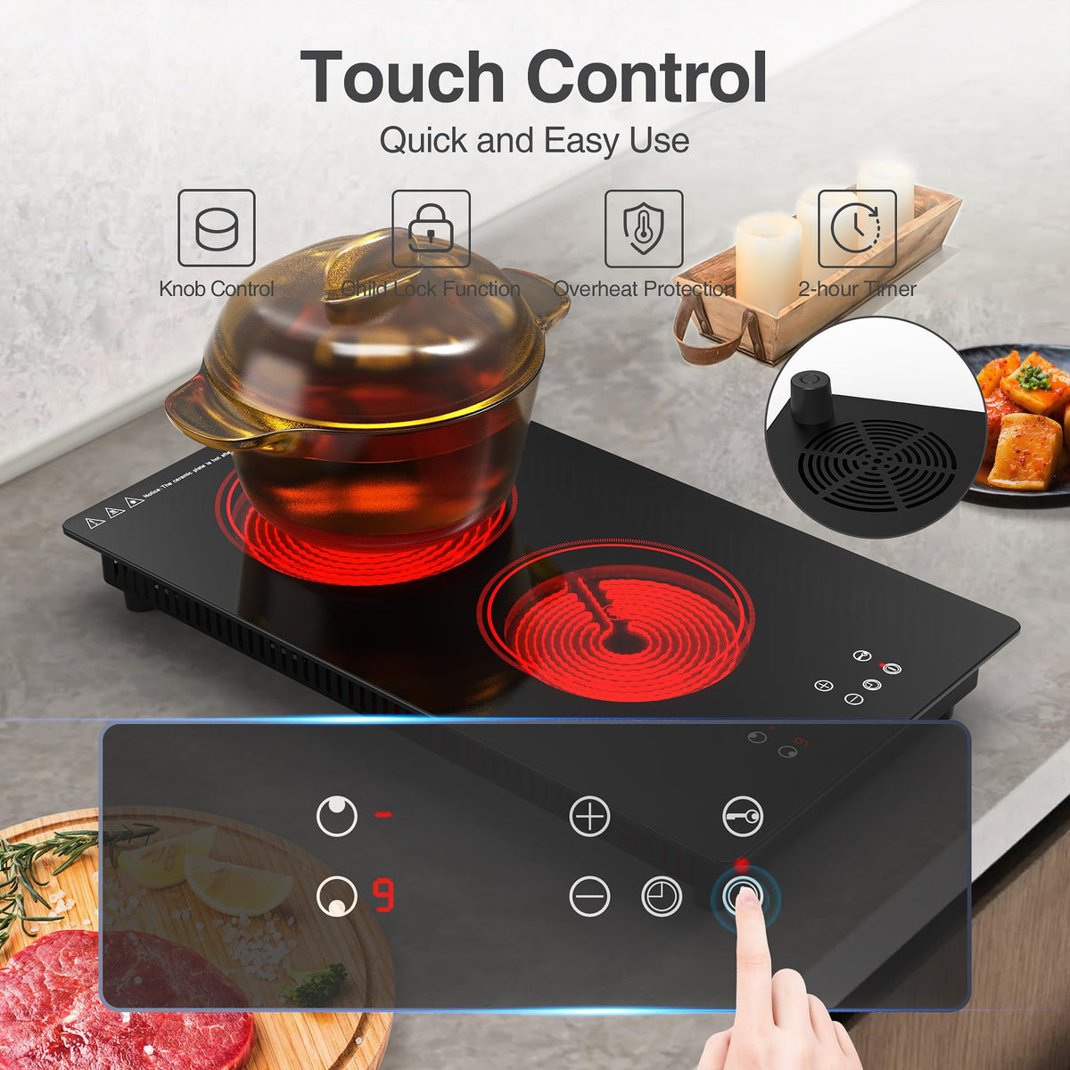 4 Burner Electric Cooktop,7200W Built-in & Countertop 4 Burner Electric Stove Top with 9 Power Levels, Child Safety Lock & 99mins Timer, 30 inch