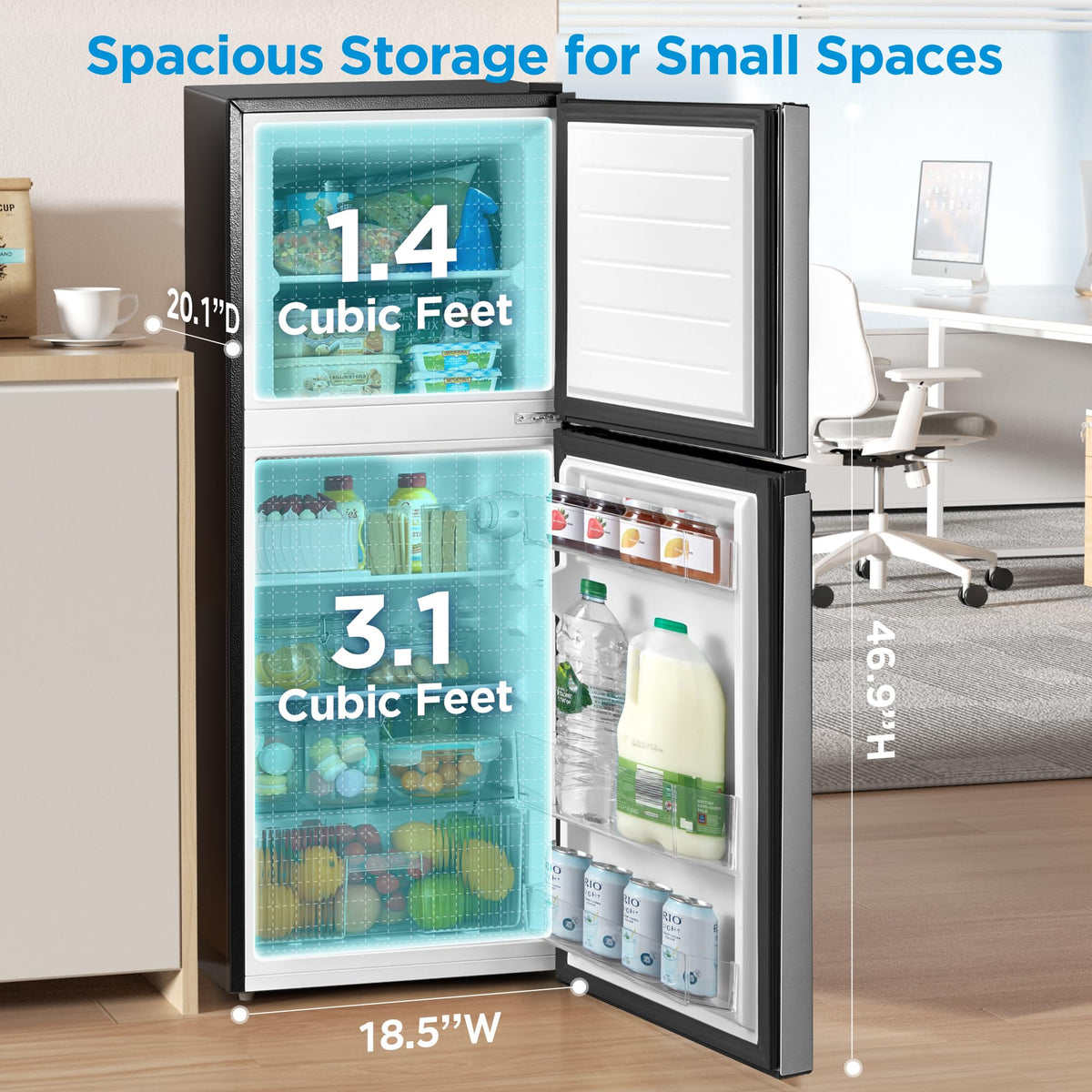 Midea WHD-113FB1 Double Door Mini Fridge with Freezer for Bedroom Office or Dorm with Adjustable Remove Glass Shelves Compact Refrigerator, 3.1 cu ft