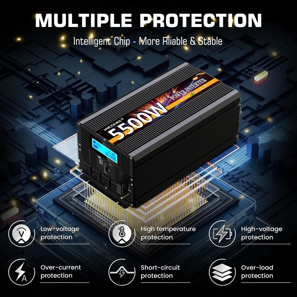 5500 Watt Power Inverter 12V DC to 110V 120V Converter for Family RV Off Grid Solar System Car with Type-C Ports 3 AC Power Outlets Dual USB Ports
