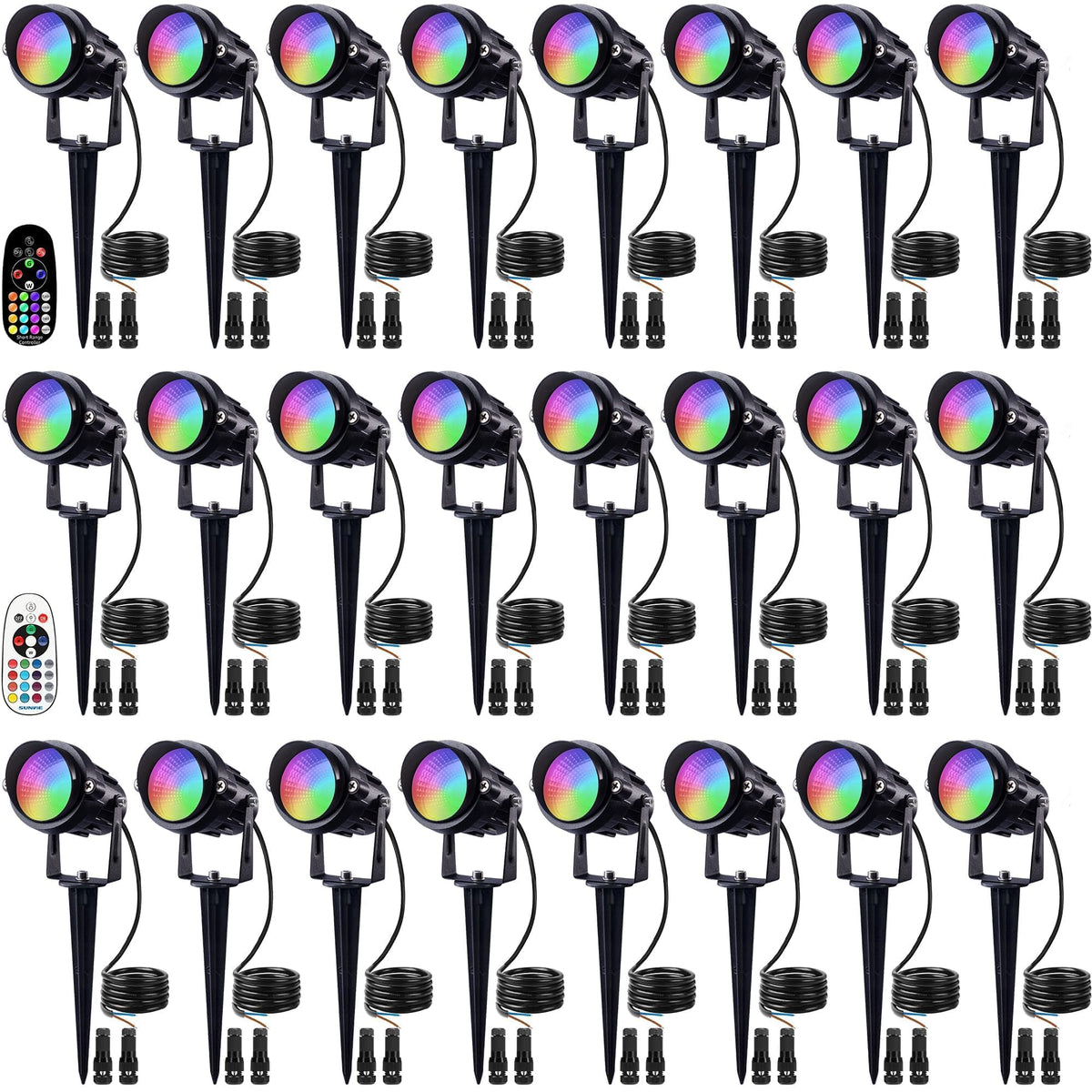 SUNVIE 24 Pack Halloween RGBW Low Voltage Landscape Lights 12W LED Color Changing Landscape Lighting with Remote Control and Wire Connectors, AC/DC