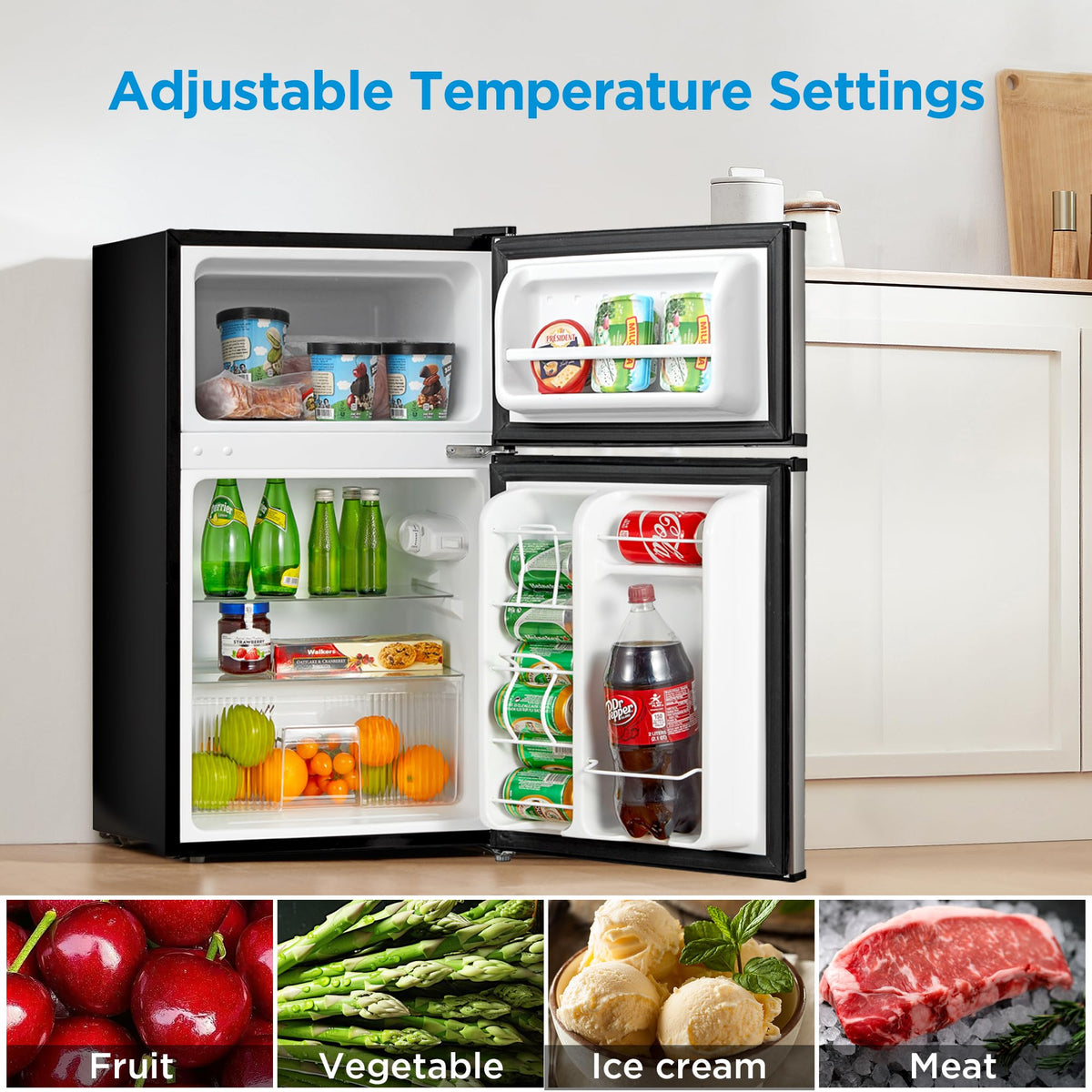 Midea WHD-113FB1 Double Door Mini Fridge with Freezer for Bedroom Office or Dorm with Adjustable Remove Glass Shelves Compact Refrigerator, 3.1 cu ft