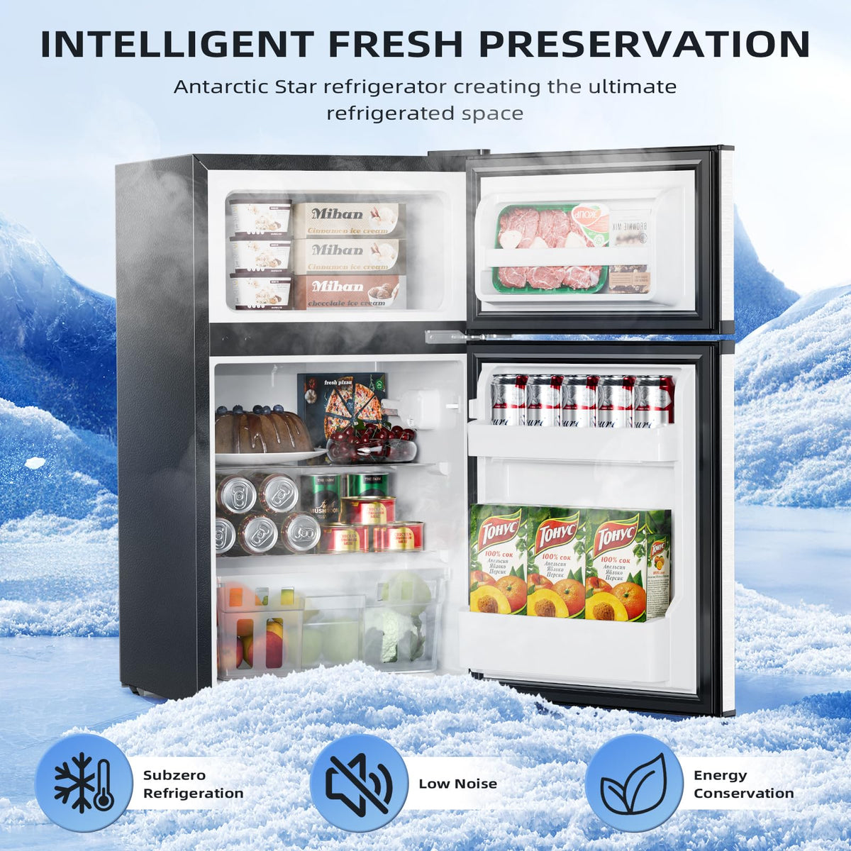Antarctic Star Compact Refrigerator,3.2 Cu.Ft. Mini Separate Freezer Double 2-Door,Adjustable Removable Shelves for Basement,Apartment,Dorm,Office