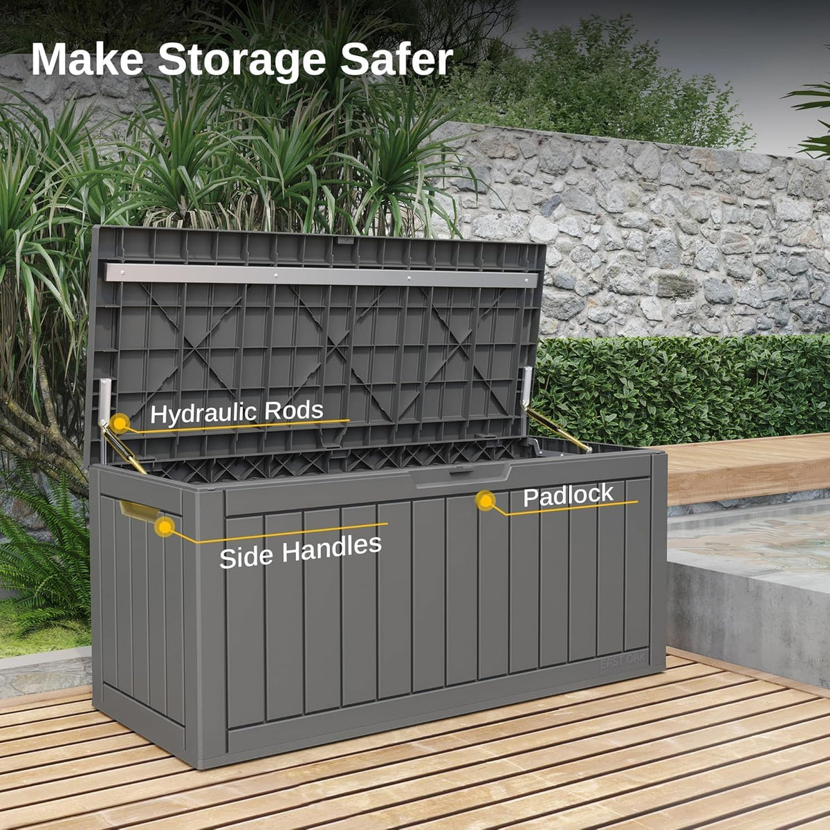 EAST OAK Outdoor Storage Box, 120 Gallon Deck Box with Stainless Steel Rods Large Resin Storage Bin for Patio Cushions, Garden Tools, Waterproof and