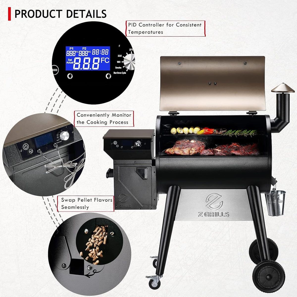 Z GRILLS 2025 Upgrade 8-in-1 Electric Wood Pellet Grill & Smoker with PID V3.0 Controller, LCD, 697 Sq In, Dual-Wall Insulation, Meat Probes, Easy