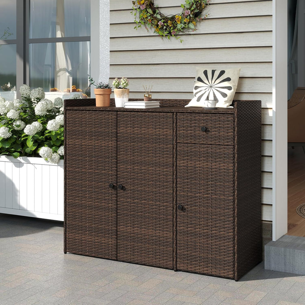 Tangkula Rattan Outdoor Storage Cabinet, Patiojoy Outdoor Cabinet with 4 Adjustable Shelves, 1 Drawer, 3 Doors, Patio Storage Deck Box Table for