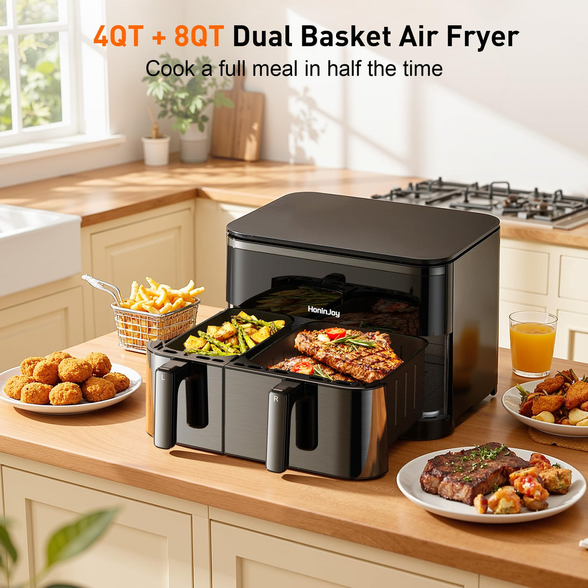 12QT Large Dual Basket Air Fryer with Viewing Window and 50pcs Paper Liners, 10-in-1 Digital Touchscreen Double Zone Air Fryers, SyncCook to Bake