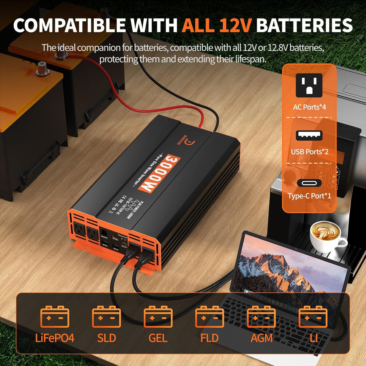 3000 Watt Pure Sine Wave Inverter 12V DC to 110V/120V AC Converter for RV/Truck/Home/Off-Grid Solar Car Power Inverter for Vehicles with 4 AC, 2 USB