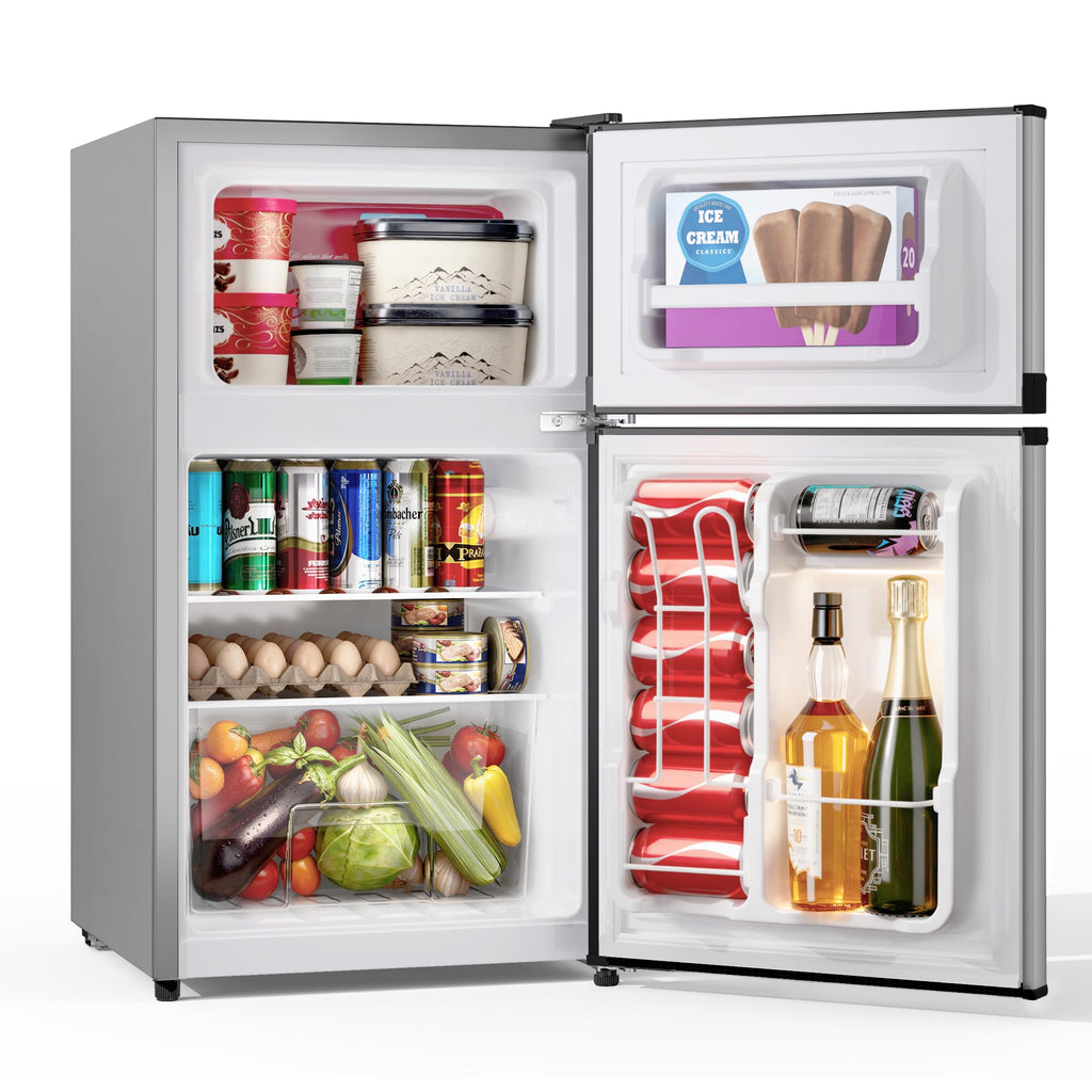 Double Door Refrigerator with Freezer, 3.5 Cu.Ft, Small Fridge with Freezer, 7 Settings Temperature Adjustable, Mini Refrigerator for Office Dorm