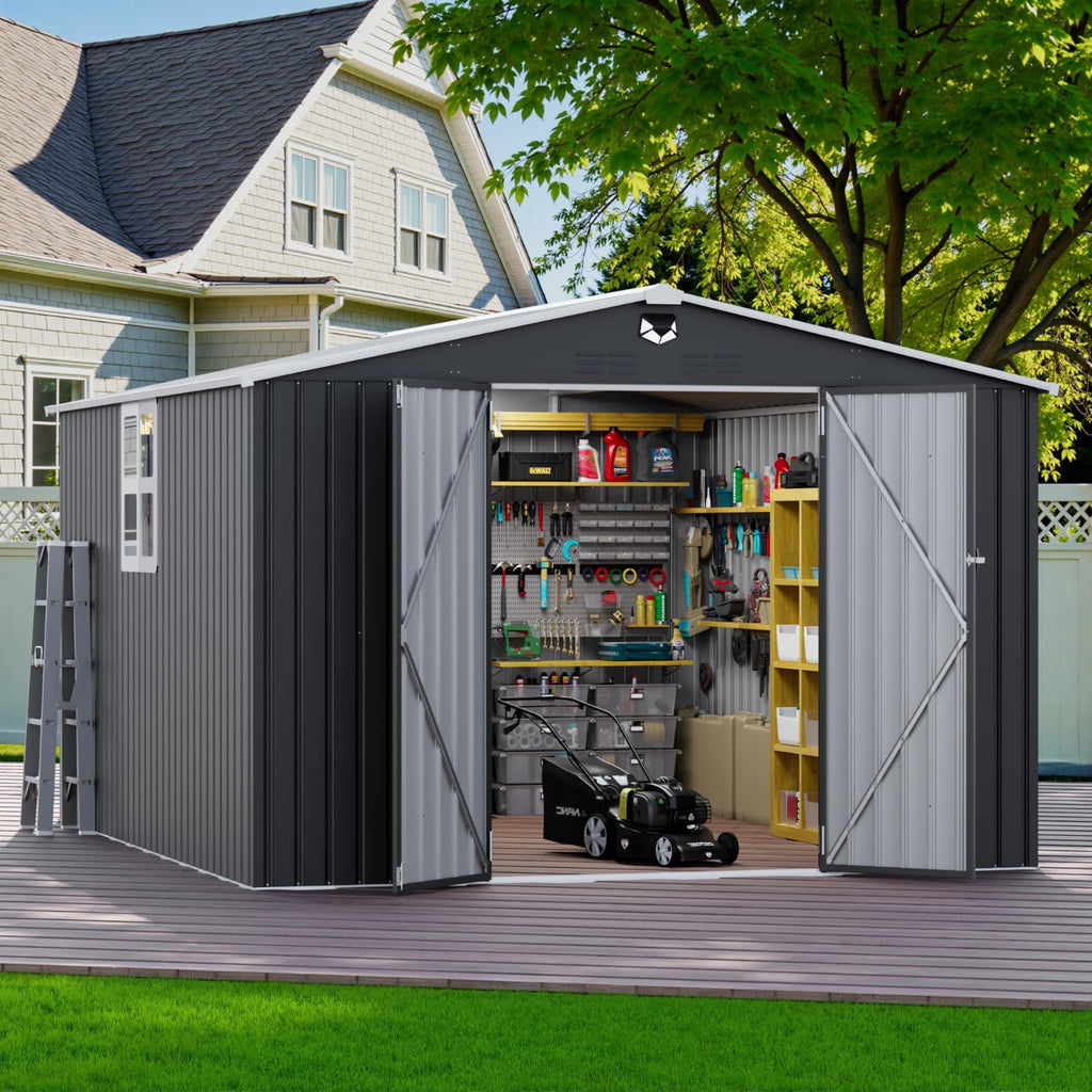 10x12 FT Outdoor Storage Shed, Metal Garden Shed - Tool Storage Sheds with Lockable Doors & 1 Clear Window, Waterproof Outside Storage Building for