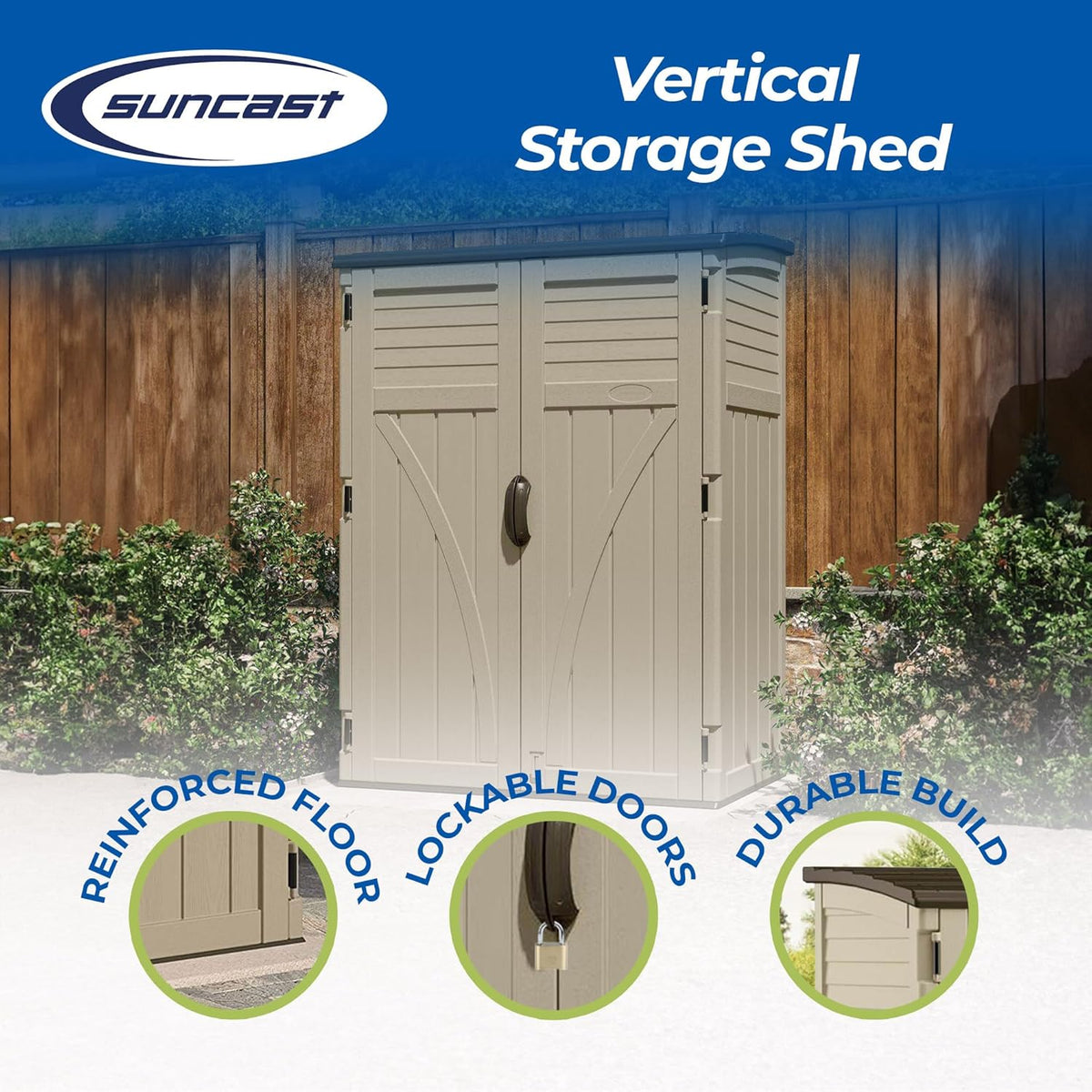 Suncast Outdoor Storage Cabinet Waterproof Resin Vertical Outdoor Storage Shed (54 cu. ft.) for Patio, Garden Tools, Cushions, & Equipment.