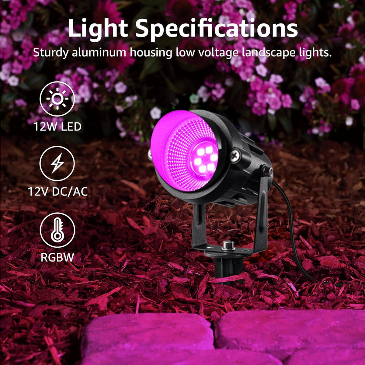 SUNVIE 12 Pack RGBW Color Changing Landscape Lights with 300W Low Voltage Landscape Transformer 12-24V LED Landscape Lighting Kit Waterproof