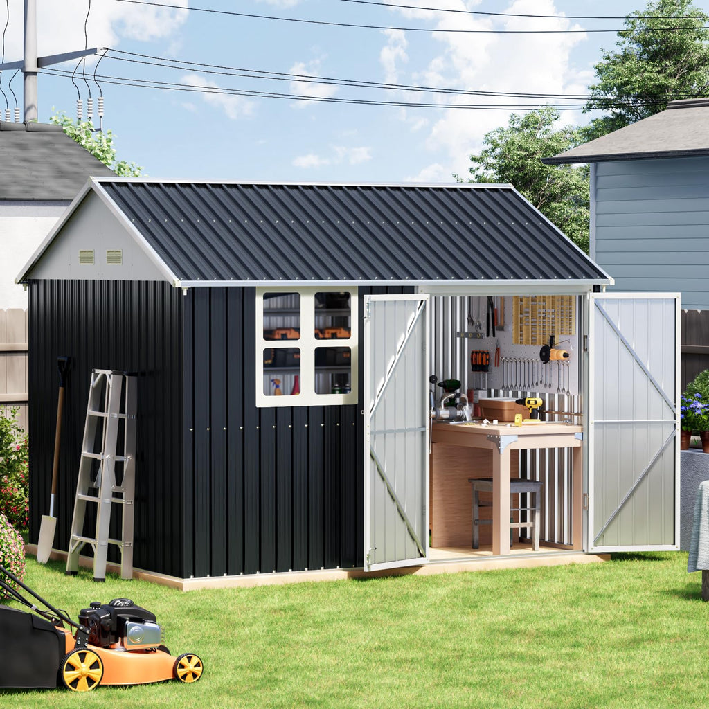 10x10 FT Outdoor Metal Storage Shed, Double Swing Doors, 2 Clear Windows,Tool Shed for Garden, Patio, Backyard Nightblue