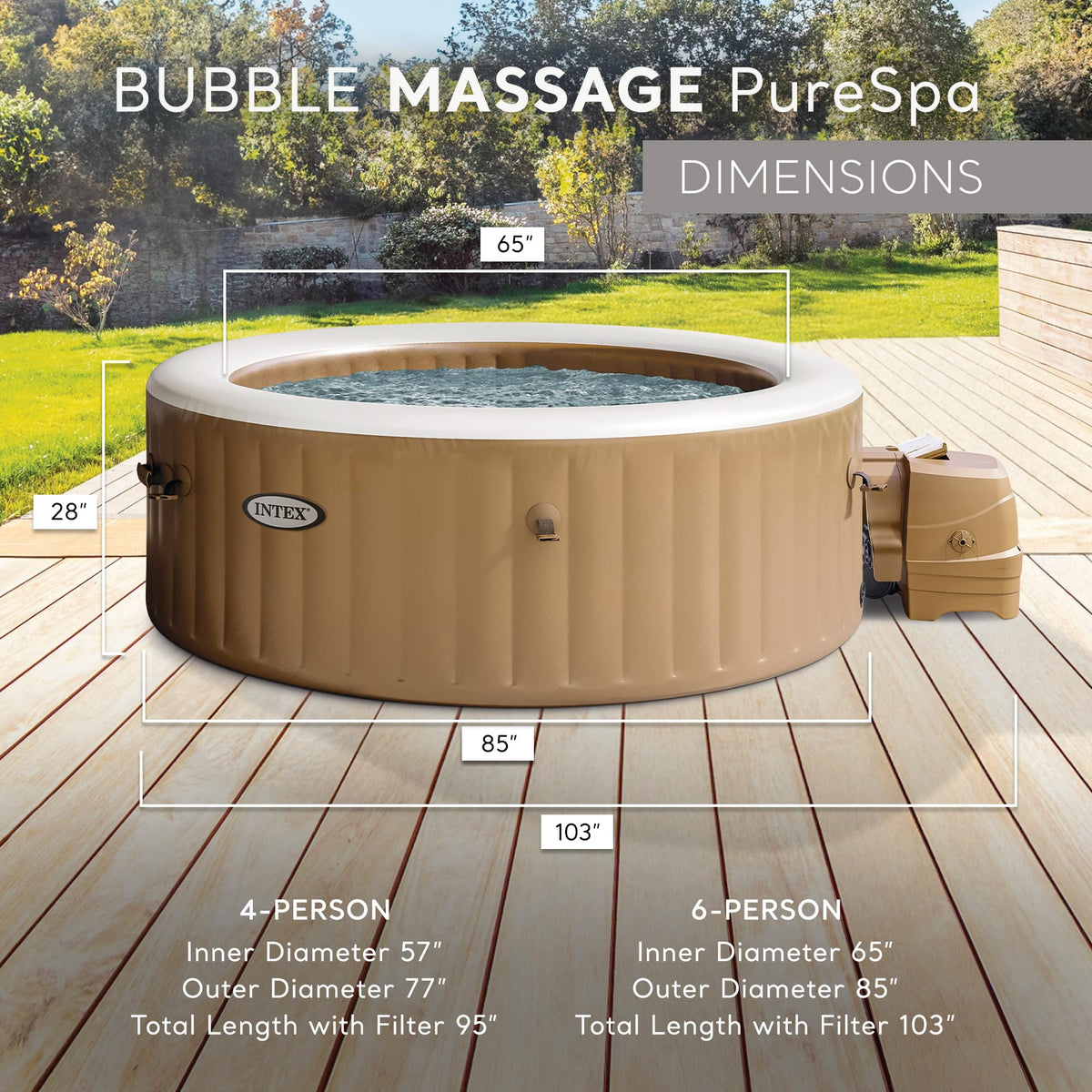 INTEX 28425EH PureSpa Bubble Massage Spa Set Outdoor Inflatable Portable Hot Tub, Includes Energy Efficient Spa Cover, Saltwater System Ready, 4