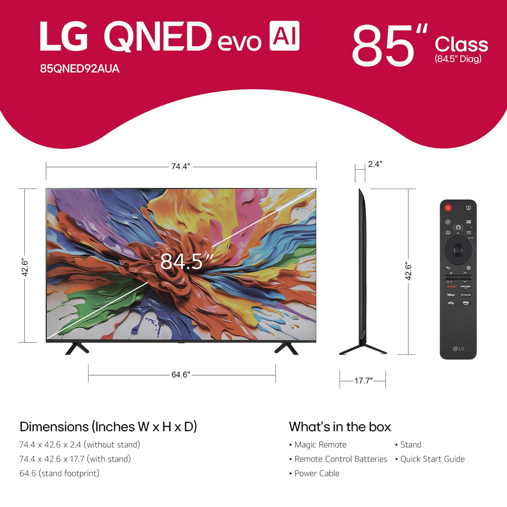 LG 75-Inch Class QNED evo AI QNED92A Series Mini LED 4K Smart TV w/Dolby Atmos, Dolby Vision, HDR10, AI Super Upscaling 4K, Filmmaker Mode, Wow