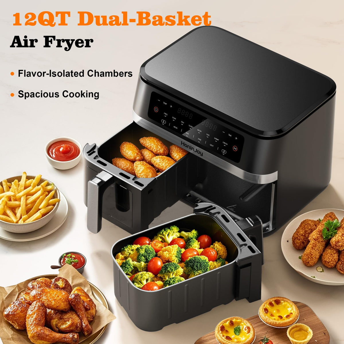 12QT Large Dual Basket Air Fryer with Viewing Window and 50pcs Paper Liners, 10-in-1 Digital Touchscreen Double Zone Air Fryers, SyncCook to Bake