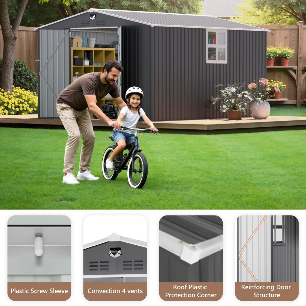 10x12 FT Outdoor Storage Shed, Metal Garden Shed - Tool Storage Sheds with Lockable Doors & 1 Clear Window, Waterproof Outside Storage Building for