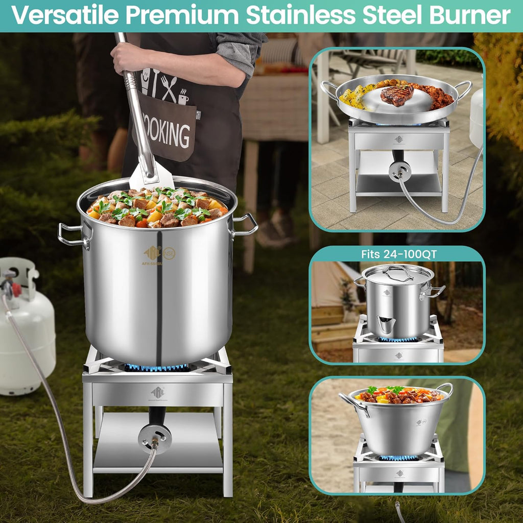 64QT Seafood Boil Pot w/200,000BTU Propane Burner Set, Stainless Steel Basket for Outdoor Deep Fryer, Large Cooking Pot for Turkey Fryer, Crawfish