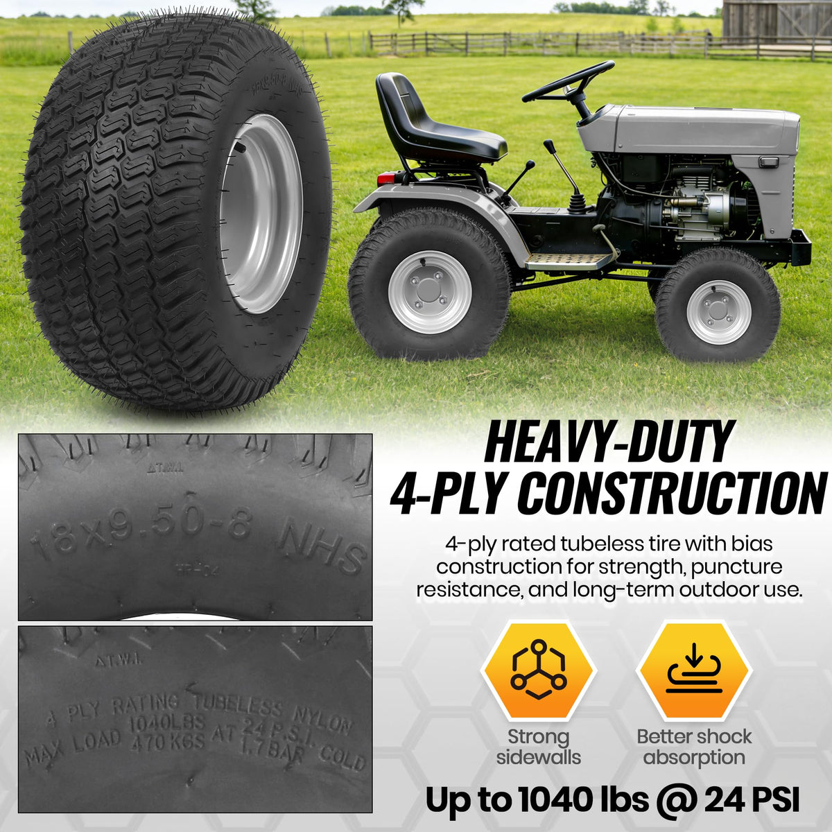 AR-PRO (2 Pack) 18x8.5-8 Lawn Mower Tire and Wheel, 4-Lug Tubeless