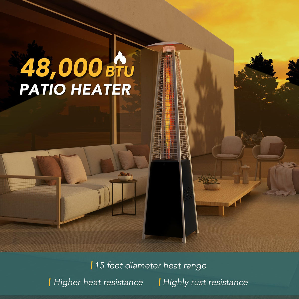 PAMAPIC Patio Heater, 42,000 BTU Quartz Glass Tube Brown Tower Propane Outdoor Heater with Cover