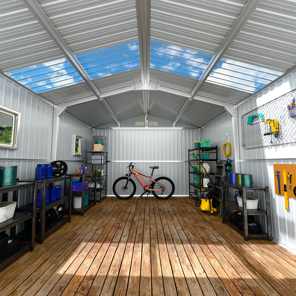 10x12 FT Metal Outdoor Storaged Shed with Floor Base Waterproof Heavy Duty Reinforced Frame with Unique Clear Roof Skyview Windows Air Vent for