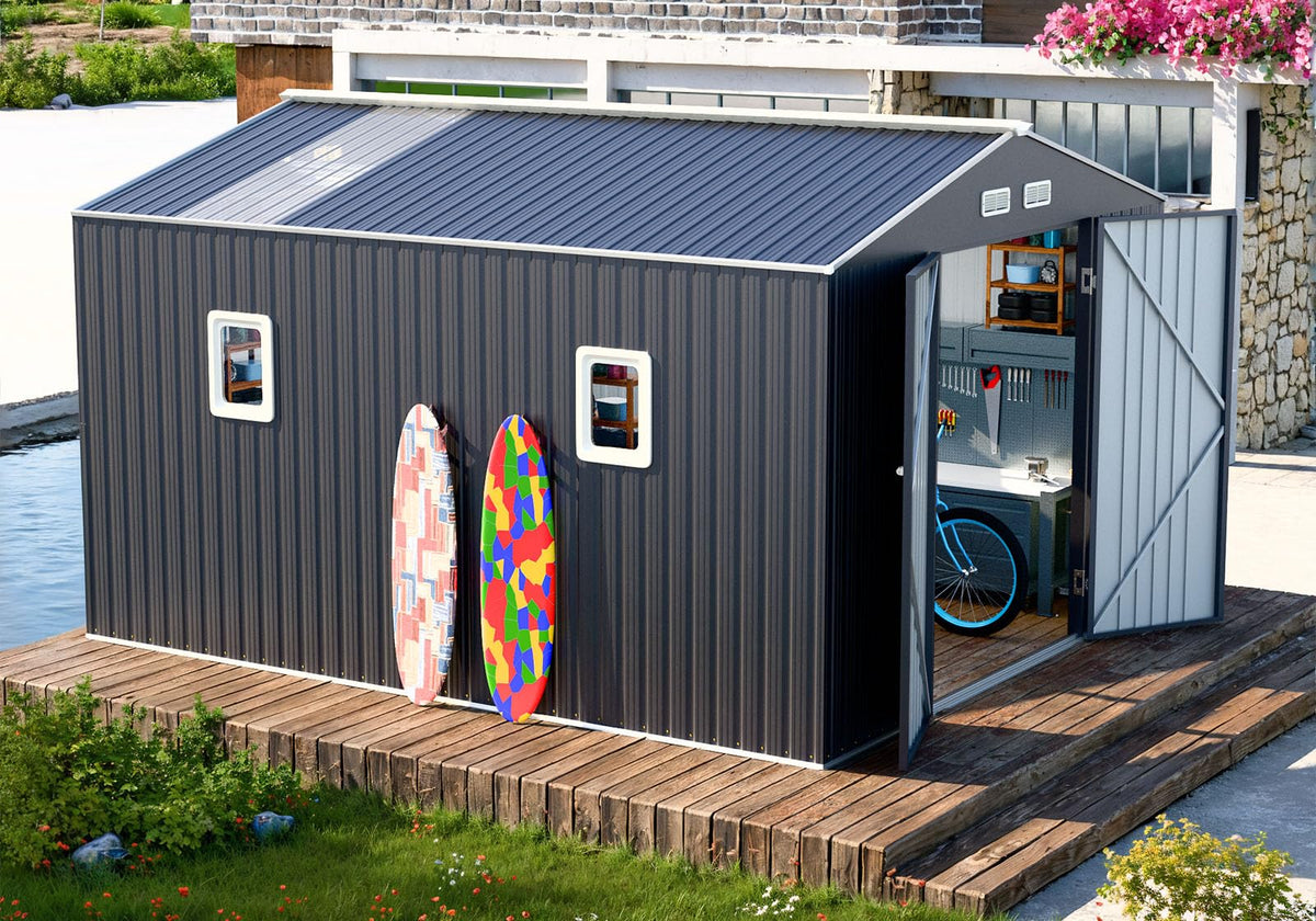 10x12 FT Metal Outdoor Storaged Shed with Floor Base Waterproof Heavy Duty Reinforced Frame with Unique Clear Roof Skyview Windows Air Vent for