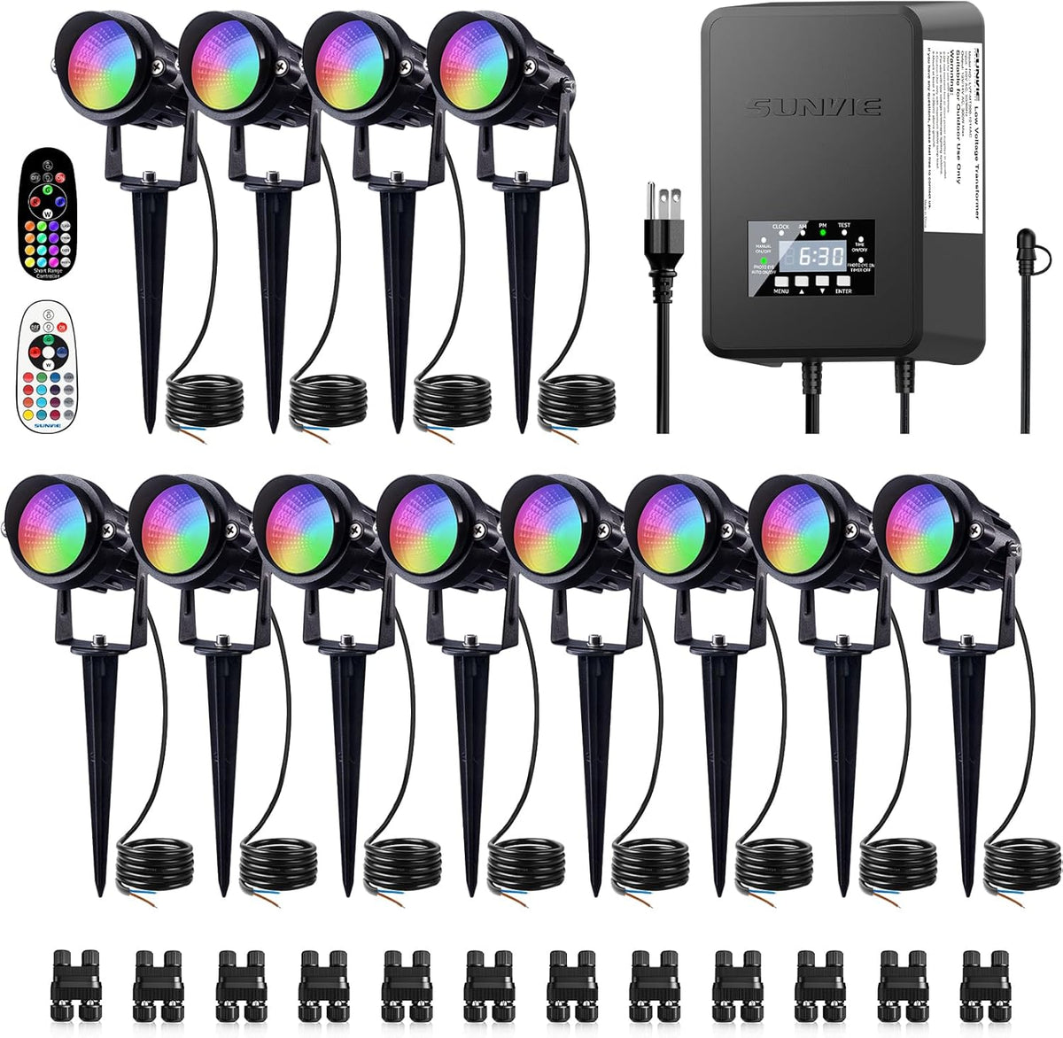 SUNVIE 12 Pack RGBW Color Changing Landscape Lights with 300W Low Voltage Landscape Transformer 12-24V LED Landscape Lighting Kit Waterproof