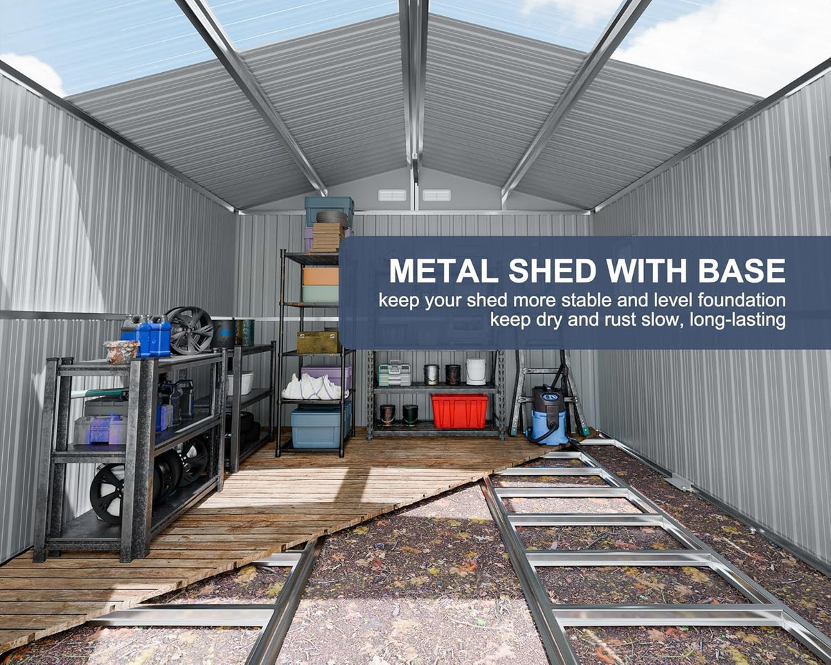 10x12 FT Metal Outdoor Storaged Shed with Floor Base Waterproof Heavy Duty Reinforced Frame with Unique Clear Roof Skyview Windows Air Vent for