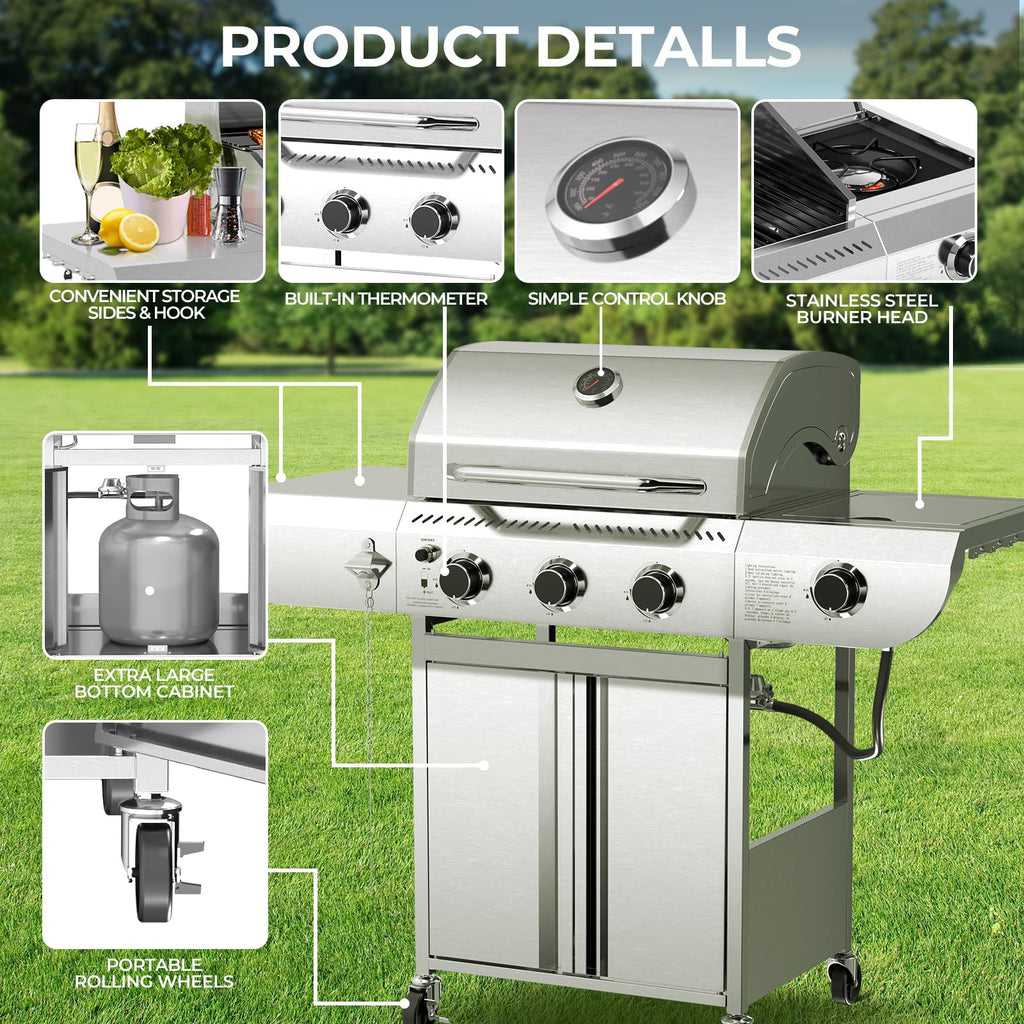 3-Burner Propane Gas Grill with Side Burner C 34,000 BTU Stainless Steel Outdoor BBQ Grill, Cast Iron Grates, Portable with Wheels for Patio, Camping
