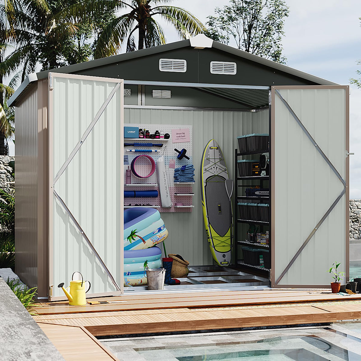 Aoxun 7.4x5.3FT Shed with Floor Galvanized Steel Outdoor Storage Shed Metal Garden Shed with Double Doors, 15mm Moisture-Proof Floor & Ventilation