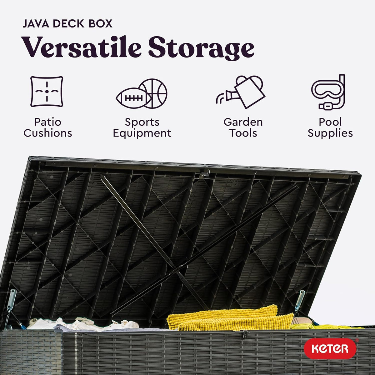 Keter Java XXL 230 Gallon Resin Rattan Look Large Outdoor Storage Deck Box for Patio Furniture Cushions, Pool Toys, and Garden Tools, Dark Grey