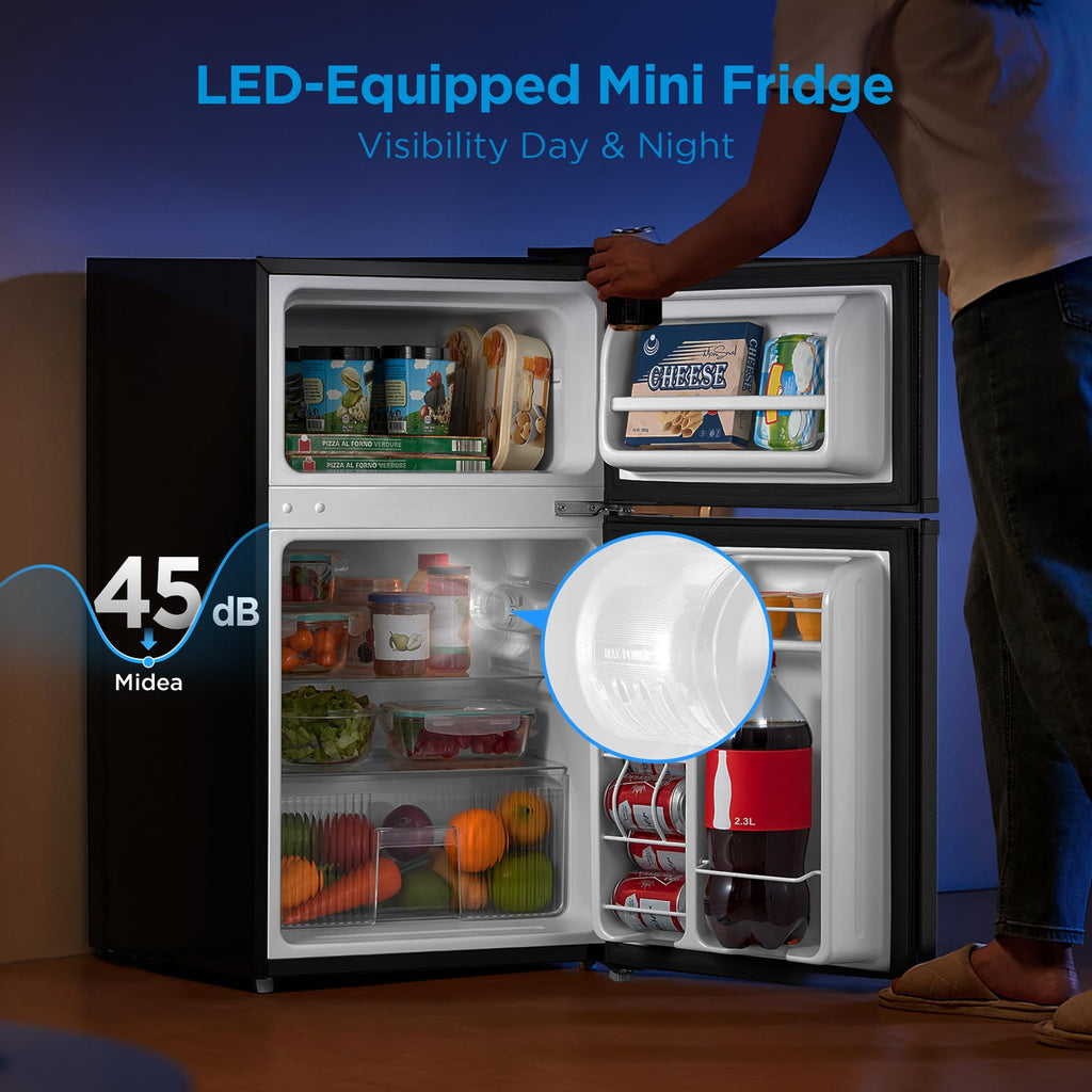 Midea WHD-113FB1 Double Door Mini Fridge with Freezer for Bedroom Office or Dorm with Adjustable Remove Glass Shelves Compact Refrigerator, 3.1 cu ft