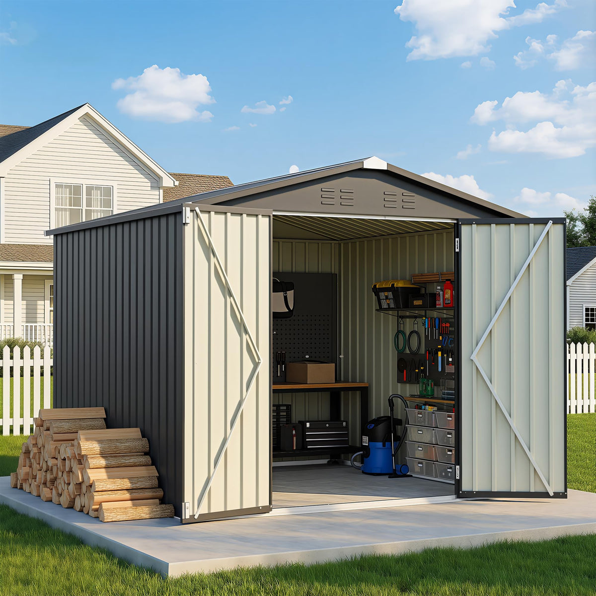 Greesum Outdoor Storage Shed 6 x 8 ft. Utility Tool Shed Metal Storage Garden Shed with Door & Lock for Patio Storage, Brown