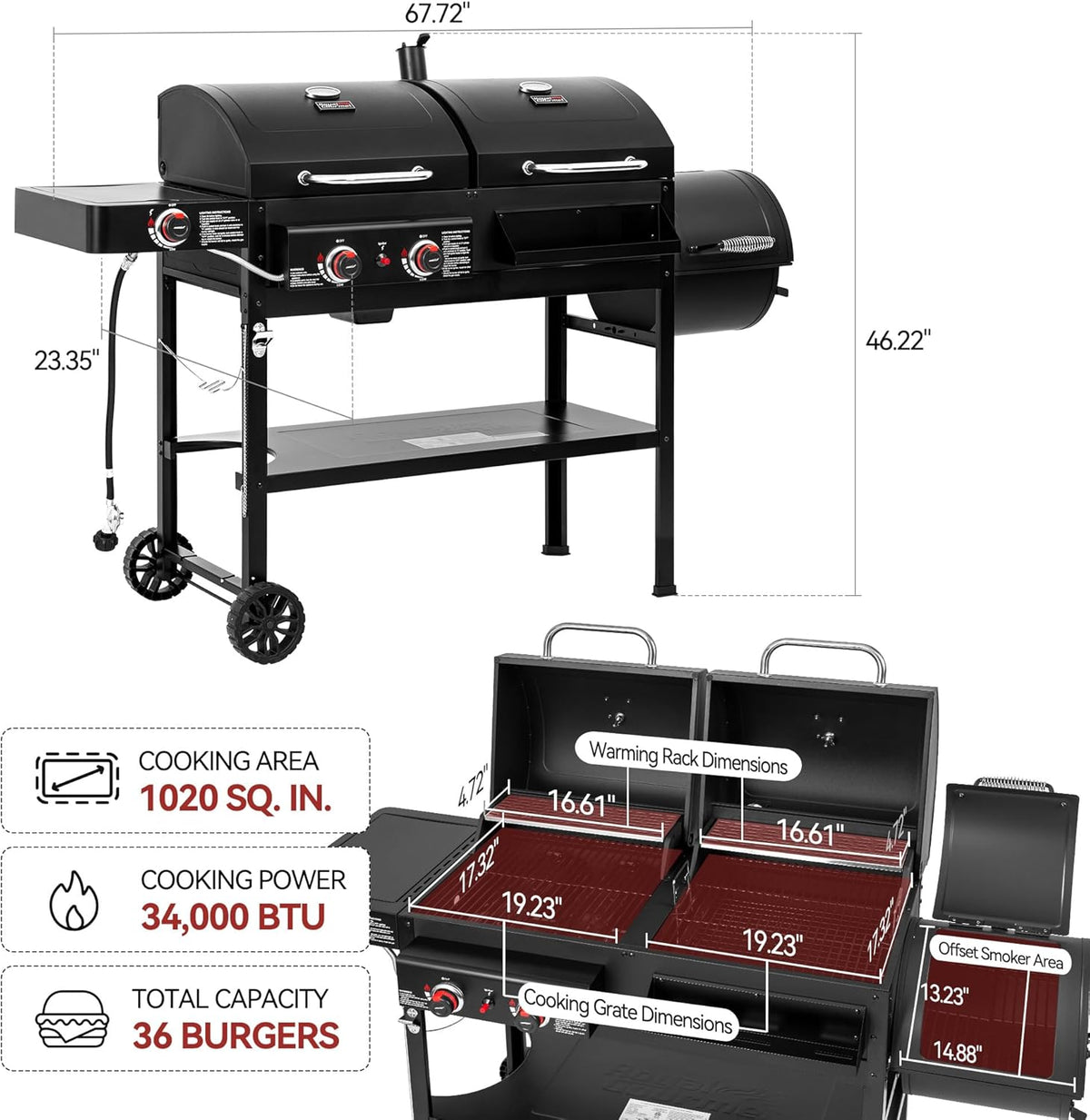 2-Burner Gas and Charcoal Combo Grill with Offset Smoker & Side Burner, 34,000 BTU Dual Fuel Grill, 1020 Sq. In. Cooking Area, Ideal for Outdoor