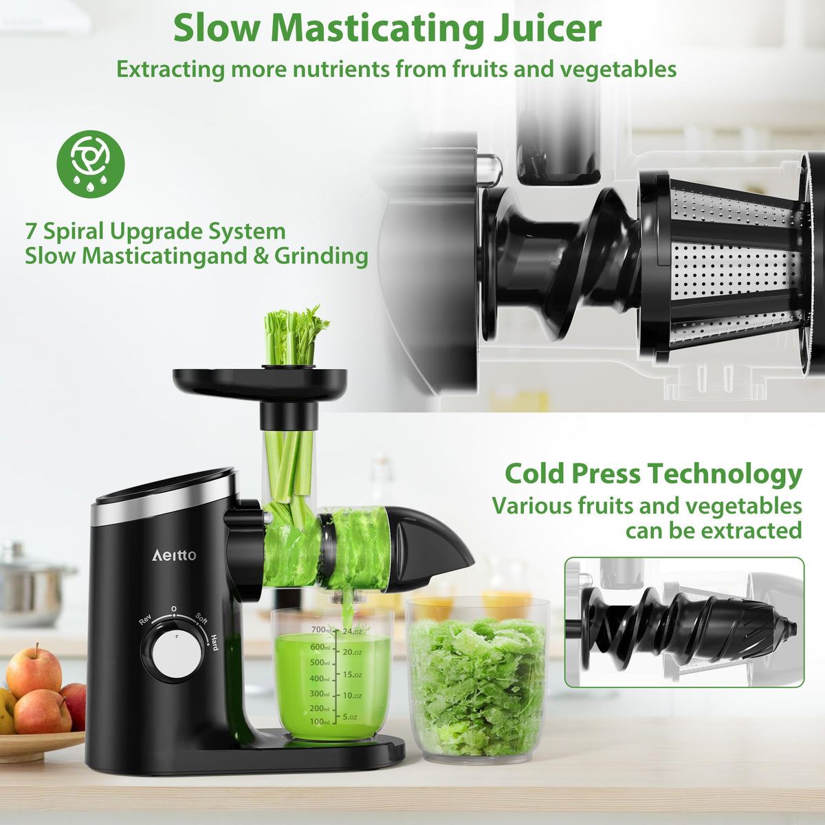 Juicer Machines, Aeitto Cold Press Juicer with Soft & Hard Modes, Quiet Motor, Reverse Function, Juice Extractor Vegetable and Fruit, Masticating