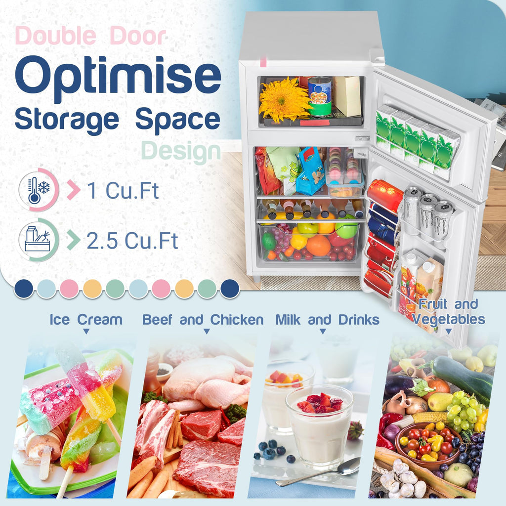 Double Door Refrigerator with Freezer, 3.5 Cu.Ft, Small Fridge with Freezer, 7 Settings Temperature Adjustable, Mini Refrigerator for Office Dorm