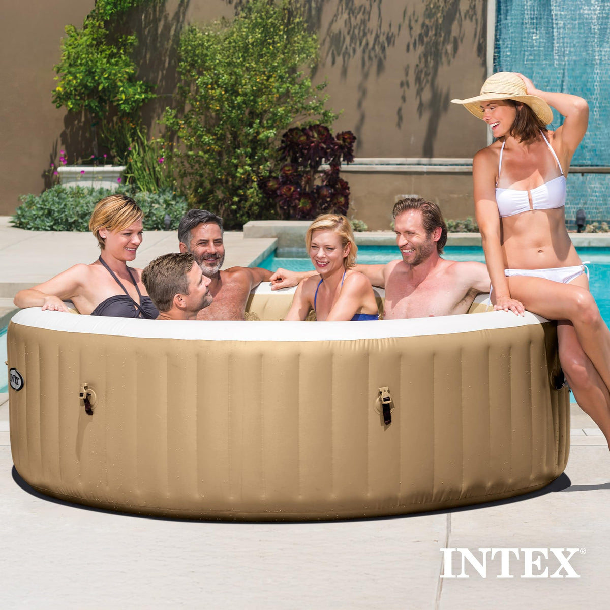 INTEX 28425EH PureSpa Bubble Massage Spa Set Outdoor Inflatable Portable Hot Tub, Includes Energy Efficient Spa Cover, Saltwater System Ready, 4