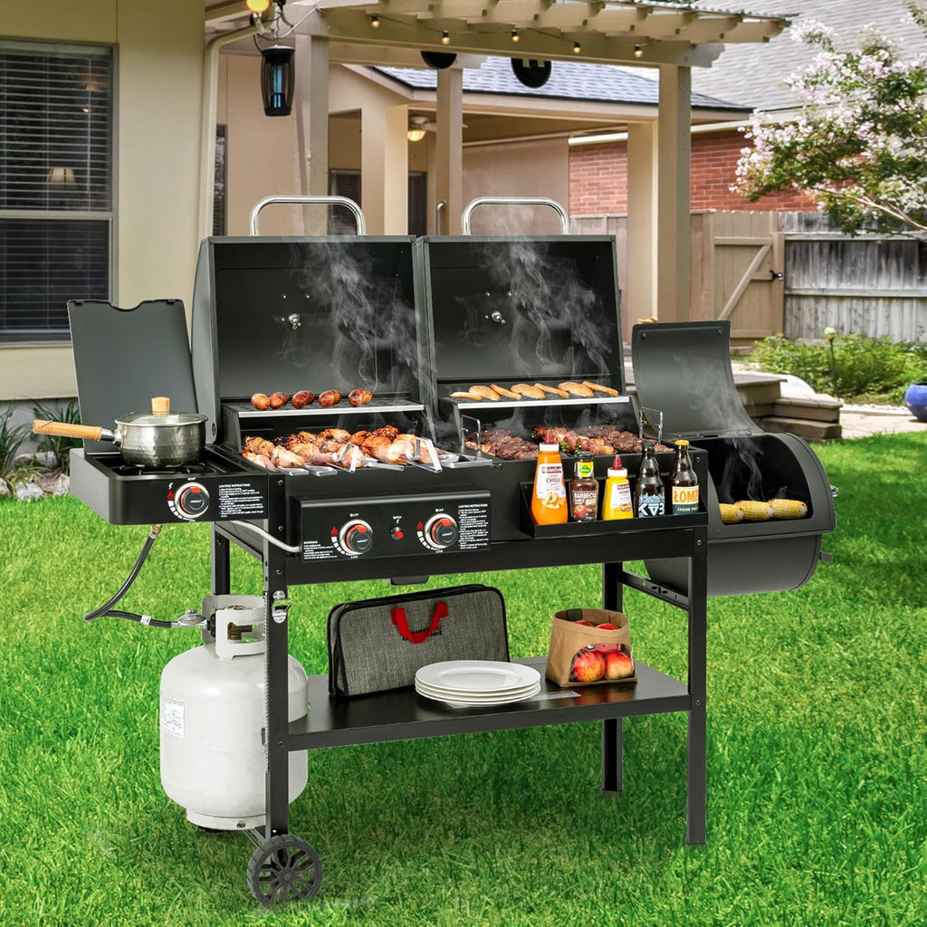 2-Burner Gas and Charcoal Combo Grill with Offset Smoker & Side Burner, 34,000 BTU Dual Fuel Grill, 1020 Sq. In. Cooking Area, Ideal for Outdoor