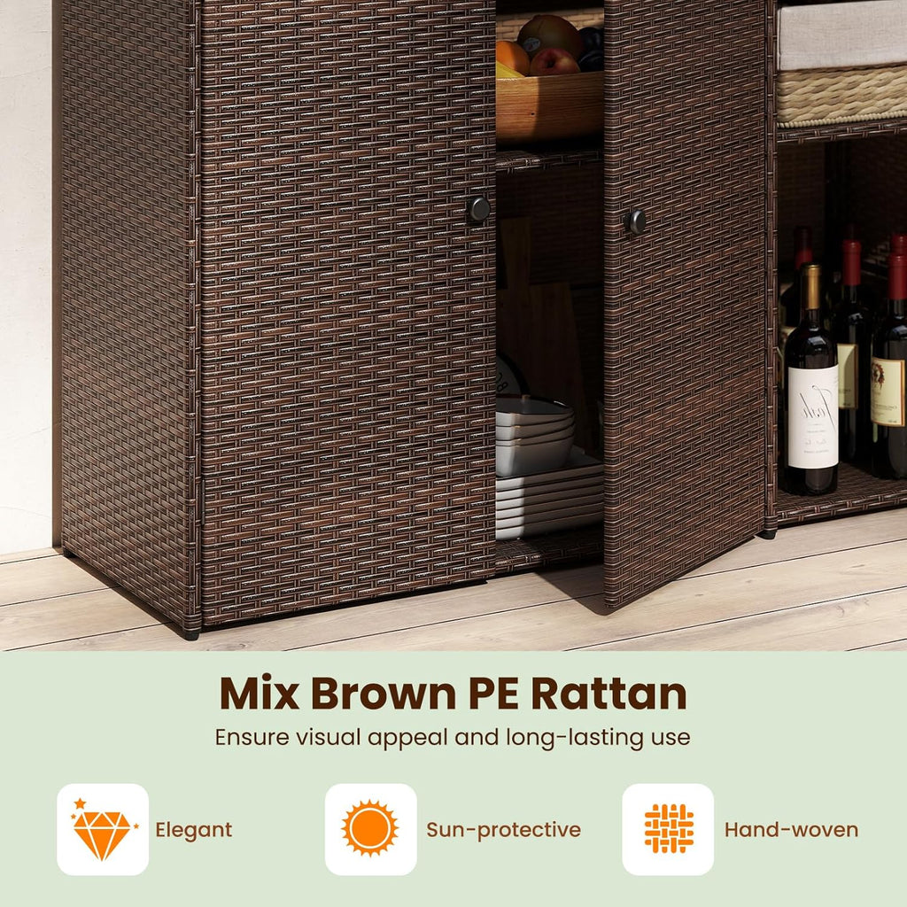 Tangkula Rattan Outdoor Storage Cabinet, Patiojoy Outdoor Cabinet with 4 Adjustable Shelves, 1 Drawer, 3 Doors, Patio Storage Deck Box Table for