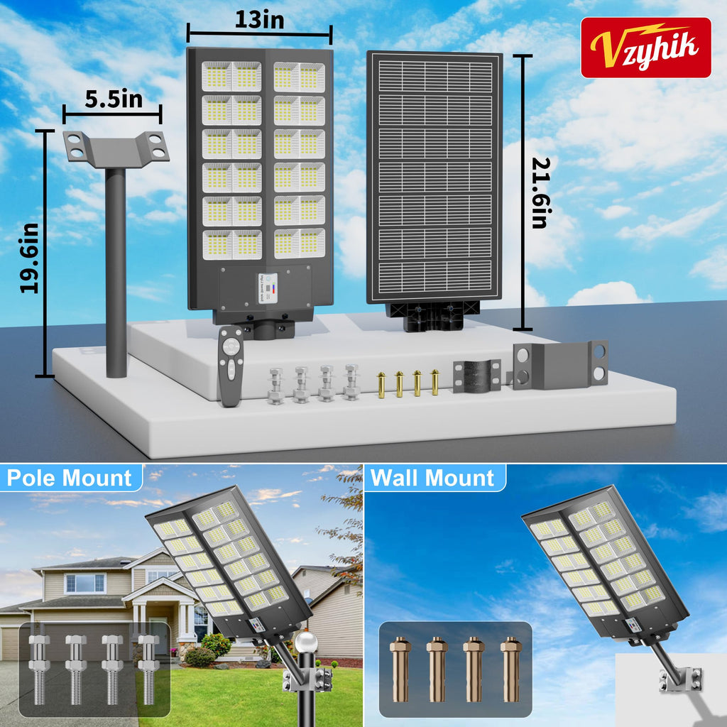 Solar Street Lights Outdoor Waterproof Dusk to Dawn, Large 9000W Outdoor Floodlight LED Motion Sensor, 7000K Wide Angle Parking Lot Flood Lamp Remote