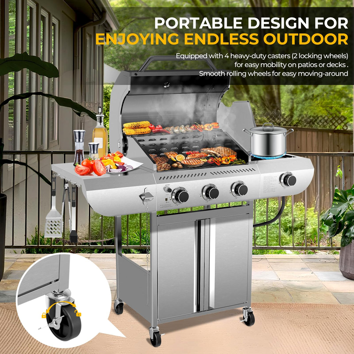 3-Burner Propane Gas Grill with Side Burner C 34,000 BTU Stainless Steel Outdoor BBQ Grill, Cast Iron Grates, Portable with Wheels for Patio, Camping