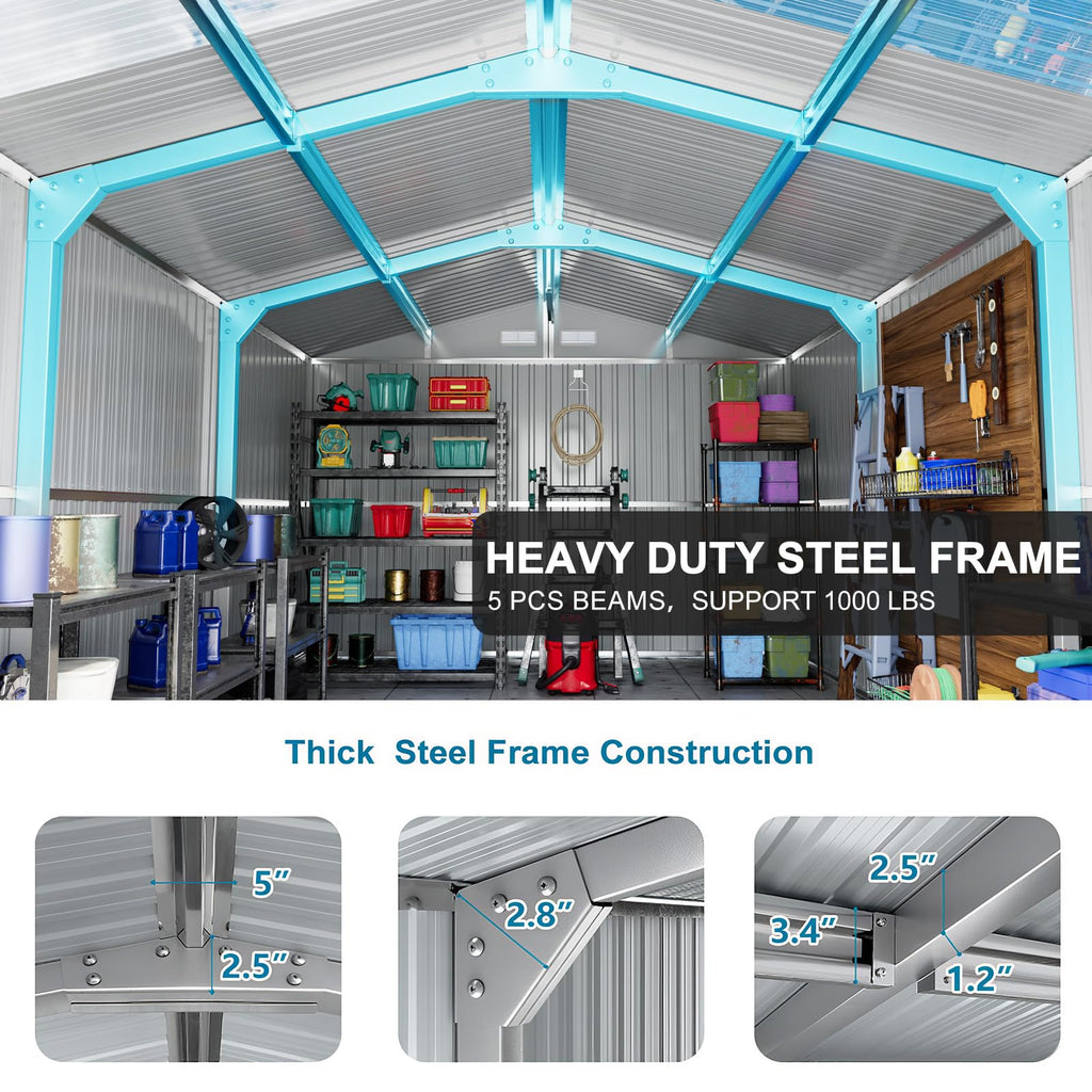 10x12 FT Metal Outdoor Storaged Shed with Floor Base Waterproof Heavy Duty Reinforced Frame with Unique Clear Roof Skyview Windows Air Vent for