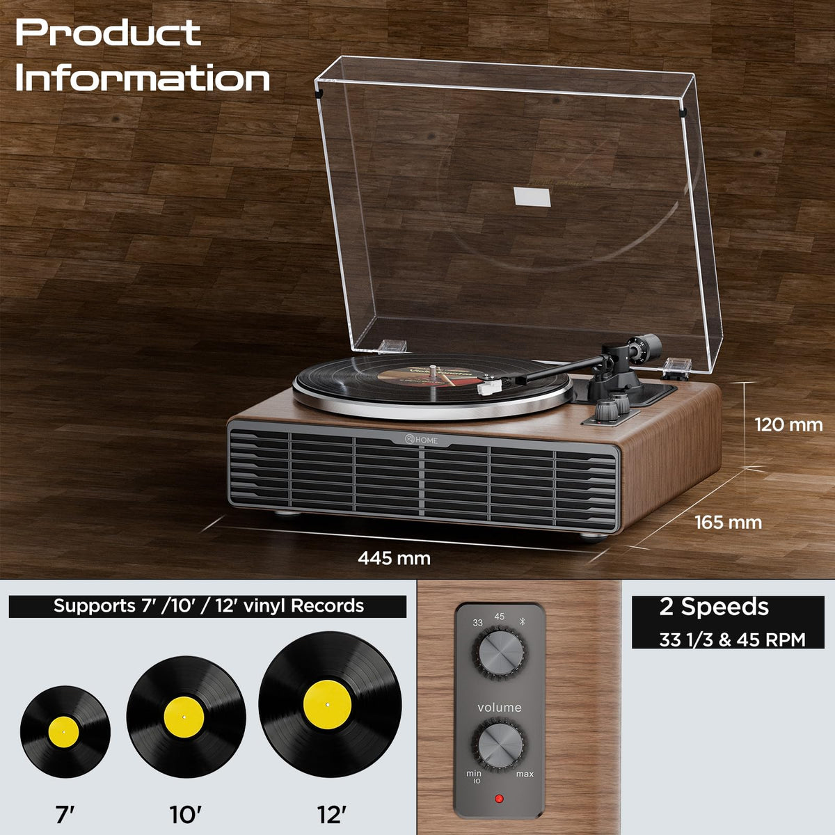 Vinyl Record Player, All-in-one Record Player with Built-in Speakers, Bluetooth Turntable for High Fidelity Sound, Aux-in Functionality, 2 Speed, for