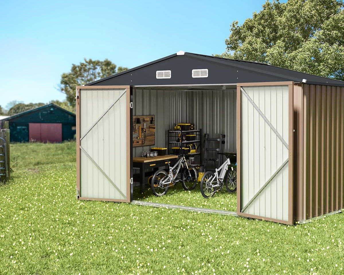 Greesum Outdoor Storage Shed 6 x 8 ft. Utility Tool Shed Metal Storage Garden Shed with Door & Lock for Patio Storage, Brown
