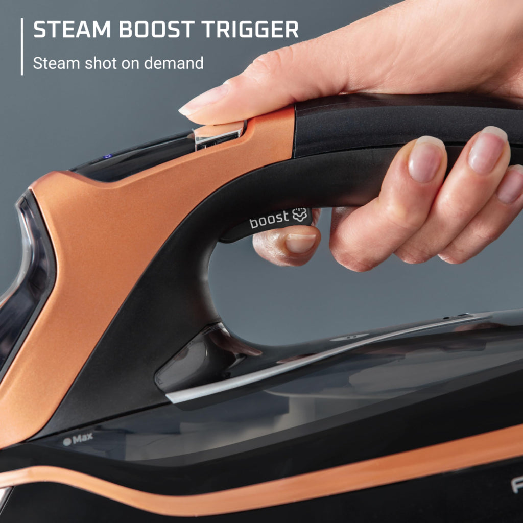 Rowenta Iron for Clothes, High Pressure Steamer Iron with Boiler System, 400 Steam Holes, Vertical Steaming, 37oz Tank, Stainless Steel Soleplate