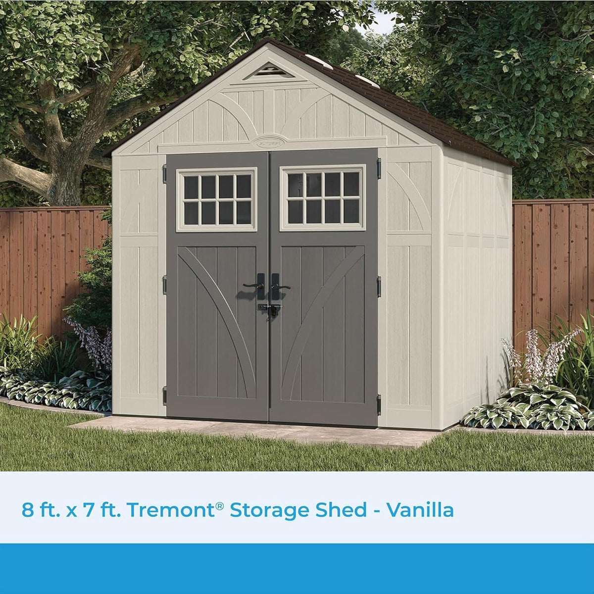 Suncast 8x7 Ft. Outdoor Storage Shed - Large Resin Shed with Floor, Lockable Double Doors, & Skylights. 378 Cu Ft Tremont Garden Sheds & Outdoor