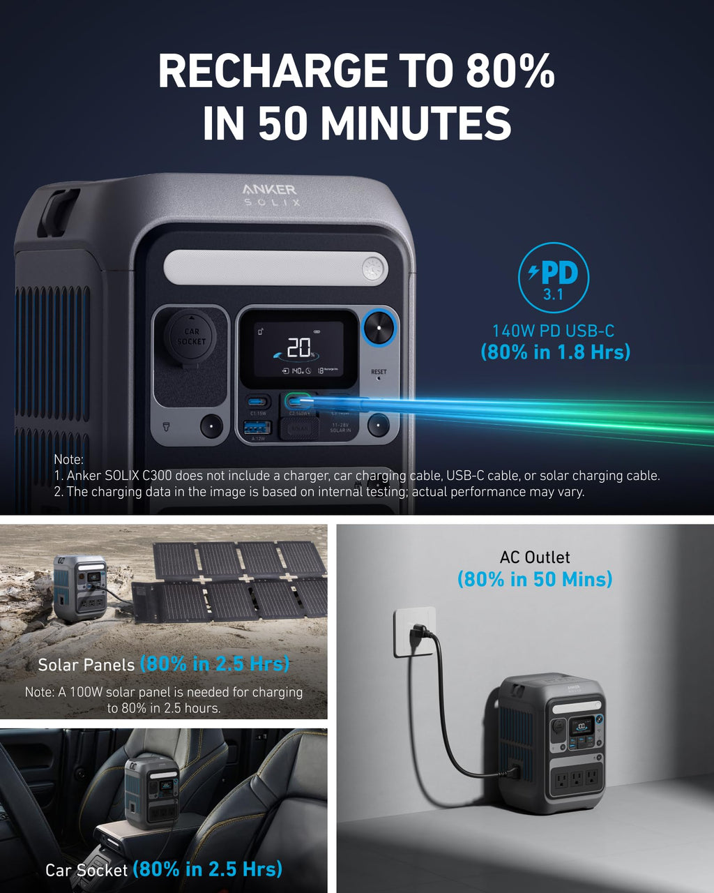 Anker Solar Generator SOLIX C300 with 60W Solar Panel, 288Wh Portable Power Station, 300W (600W Surge), LiFePO4 Battery, 140W Two-Way Fast Charging