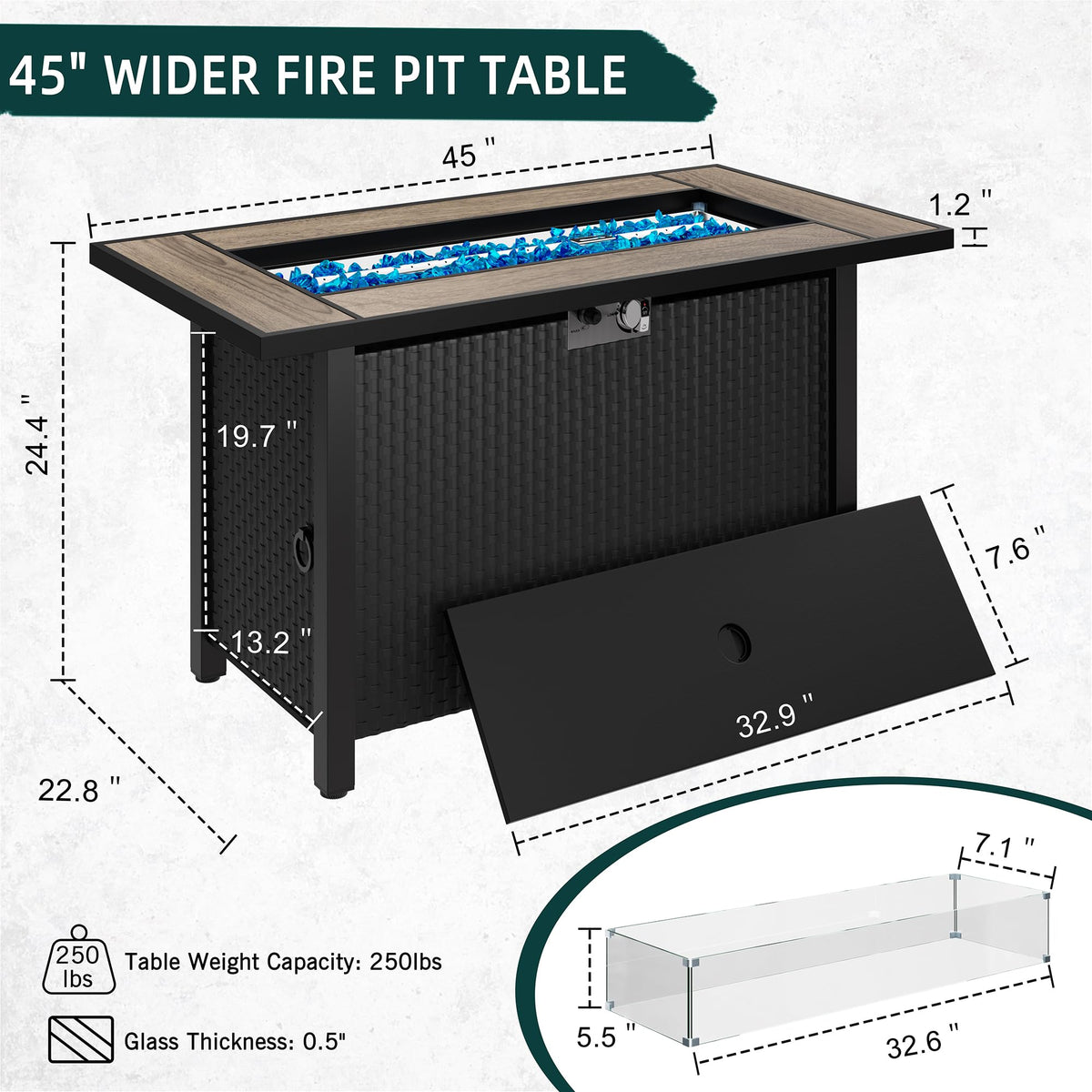 45 inch Gas Fire Pit Table, Patio Outdoor Propane Fire Pits with Removable Lid & Waterproof Cover, 50000 BTU with Lava Rock and Alumium Frame Tables